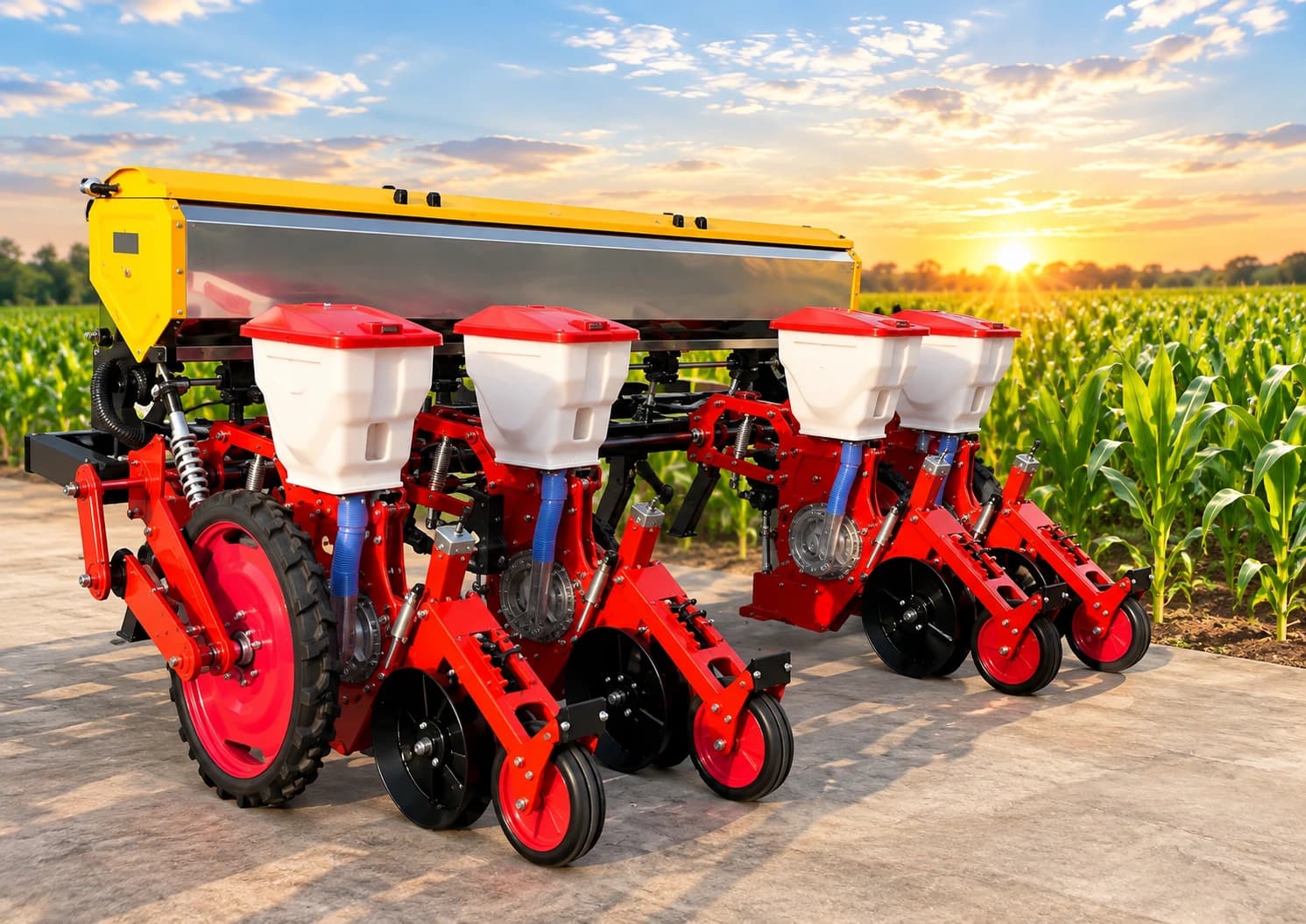 4-Row Precision Corn Planter at sunrise in maize field