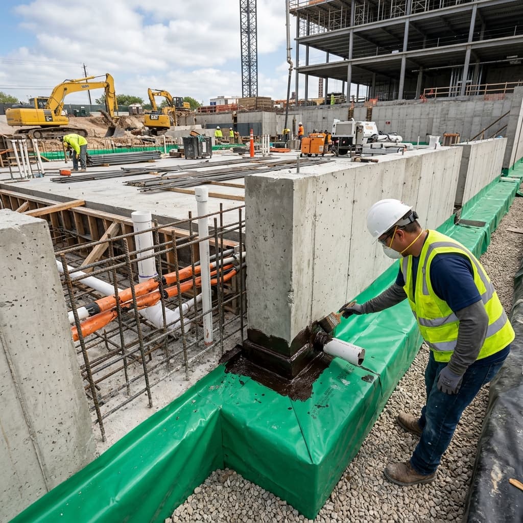 Engineers applying protective chemical treatment on building foundation