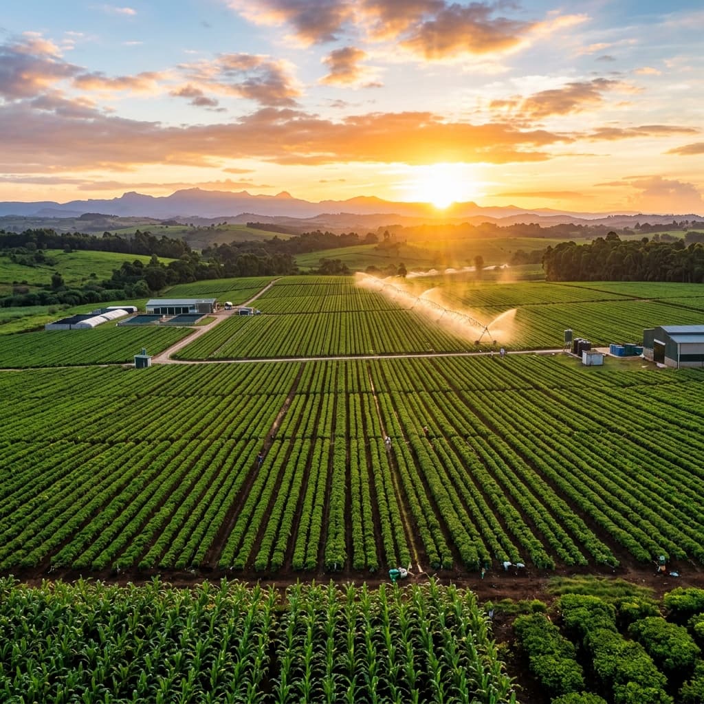 Lush green African agricultural farmland under warm morning sunlight