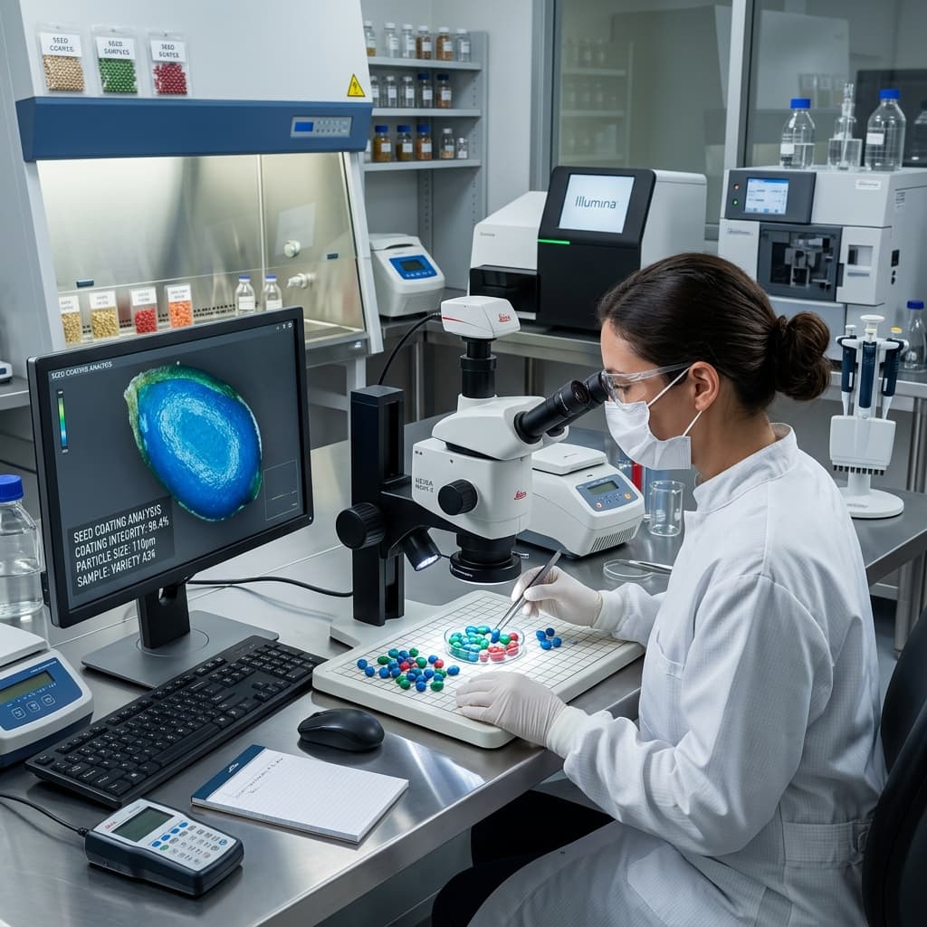 Agronomist conducting seed coating polymer testing in modern lab
